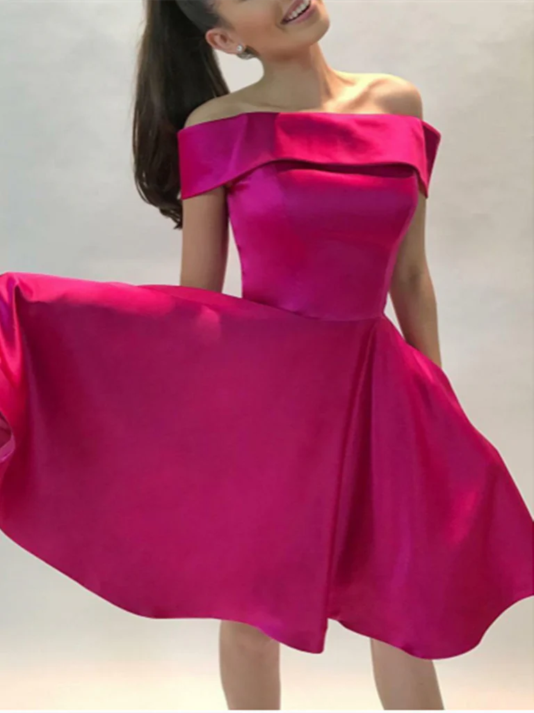 Chic off-shoulder A-line short dress for prom or homecoming.
