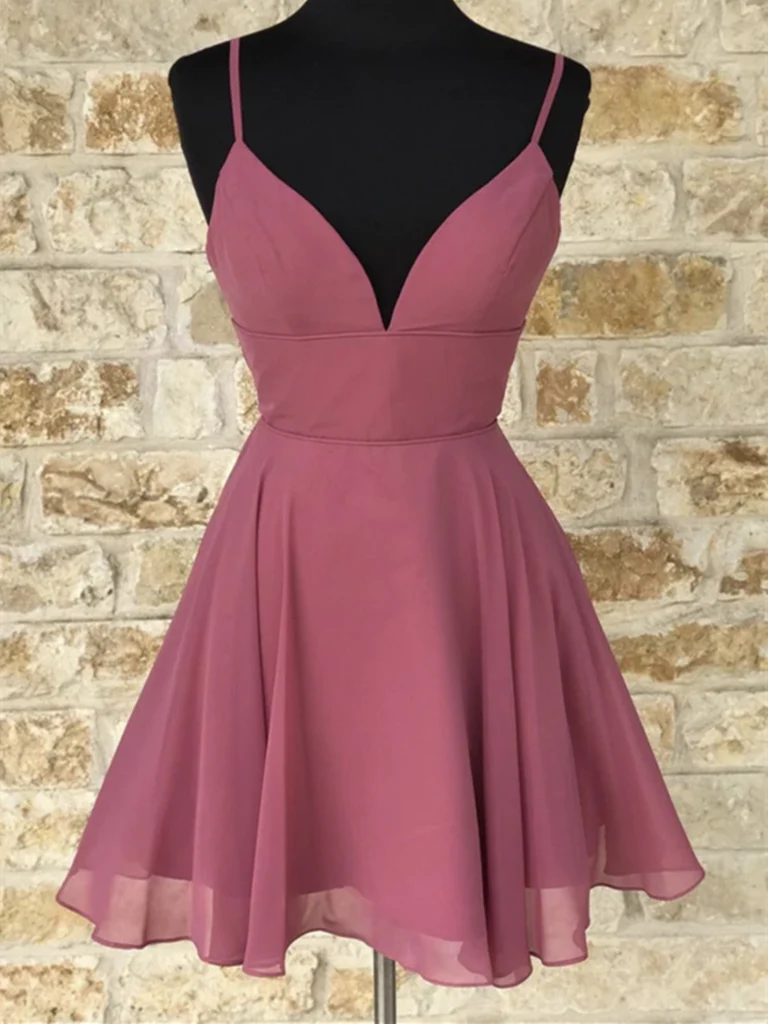 Elegant A-line V-neck chiffon short homecoming dress.
