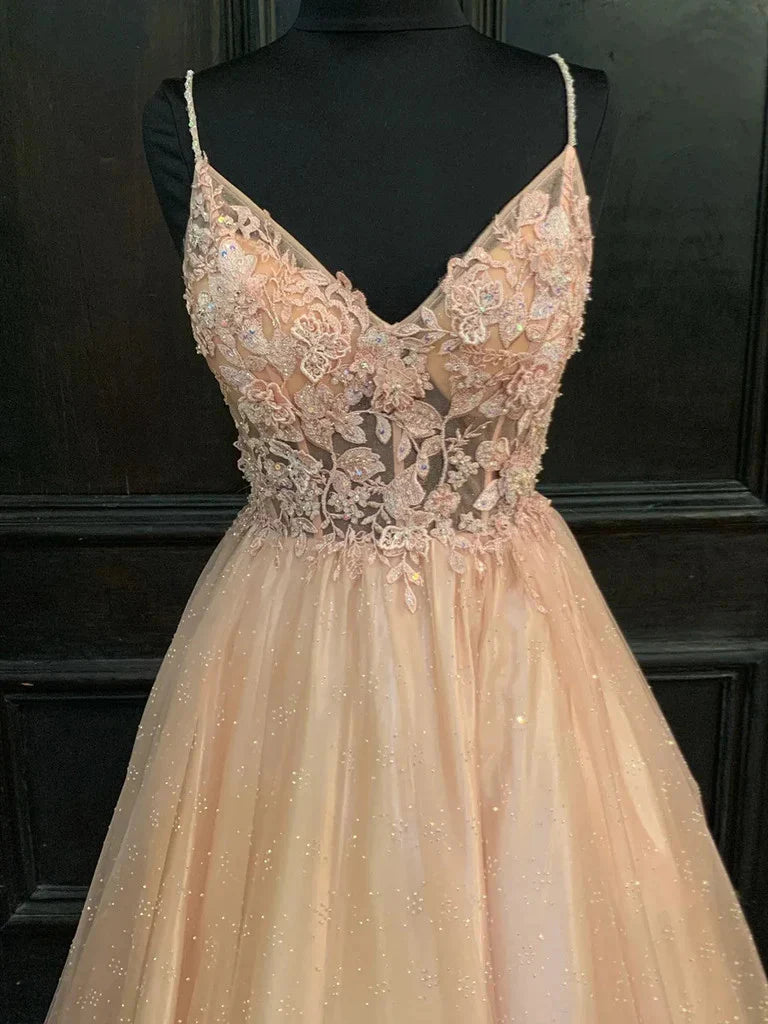 Elegant A-line V-neck lace long prom dress.