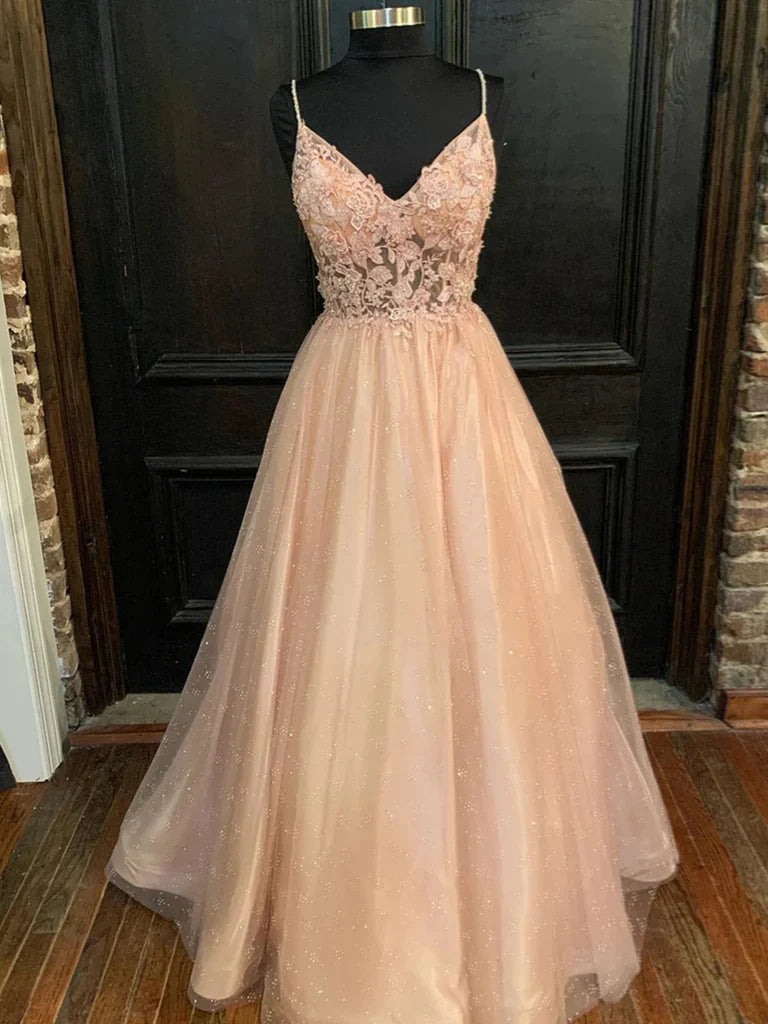 Back view of the A-line V-neck lace long prom dress.
