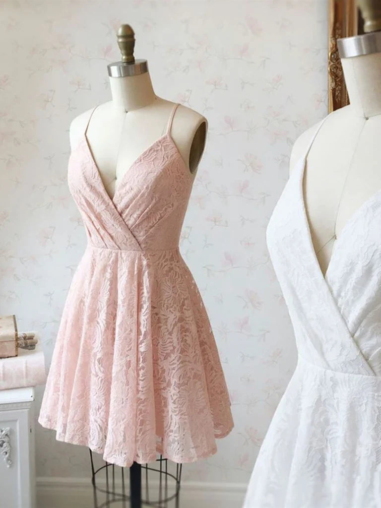 A-line V-neck lace short dress for prom or homecoming.