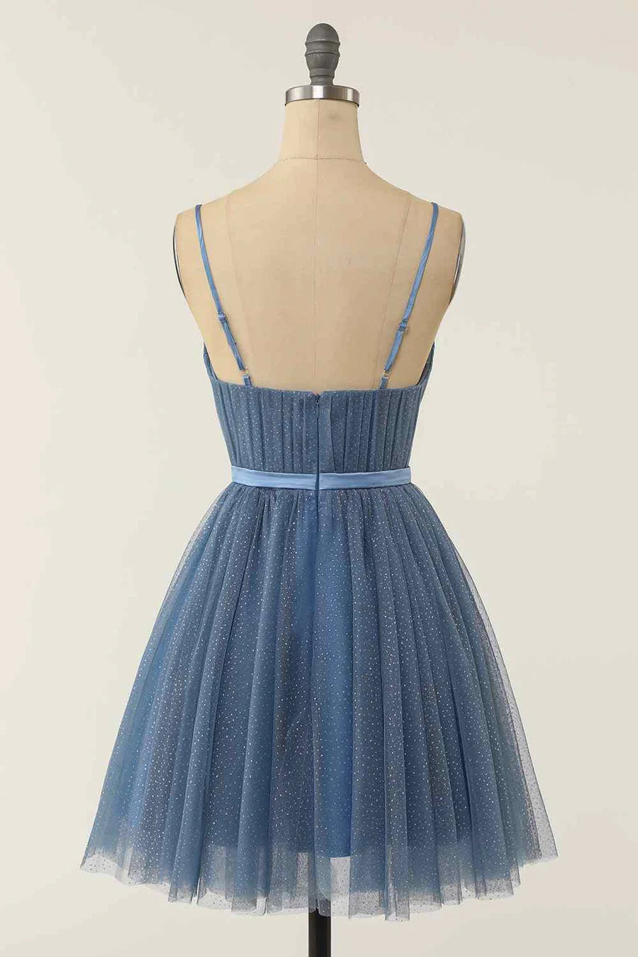 Back view of the A-line V-neck pleated homecoming dress, showing the double bow tie sash.