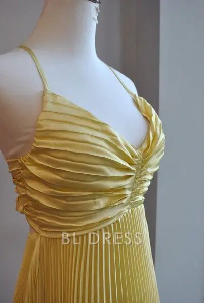 Back view of a yellow A-line V-neck pleated formal dress.