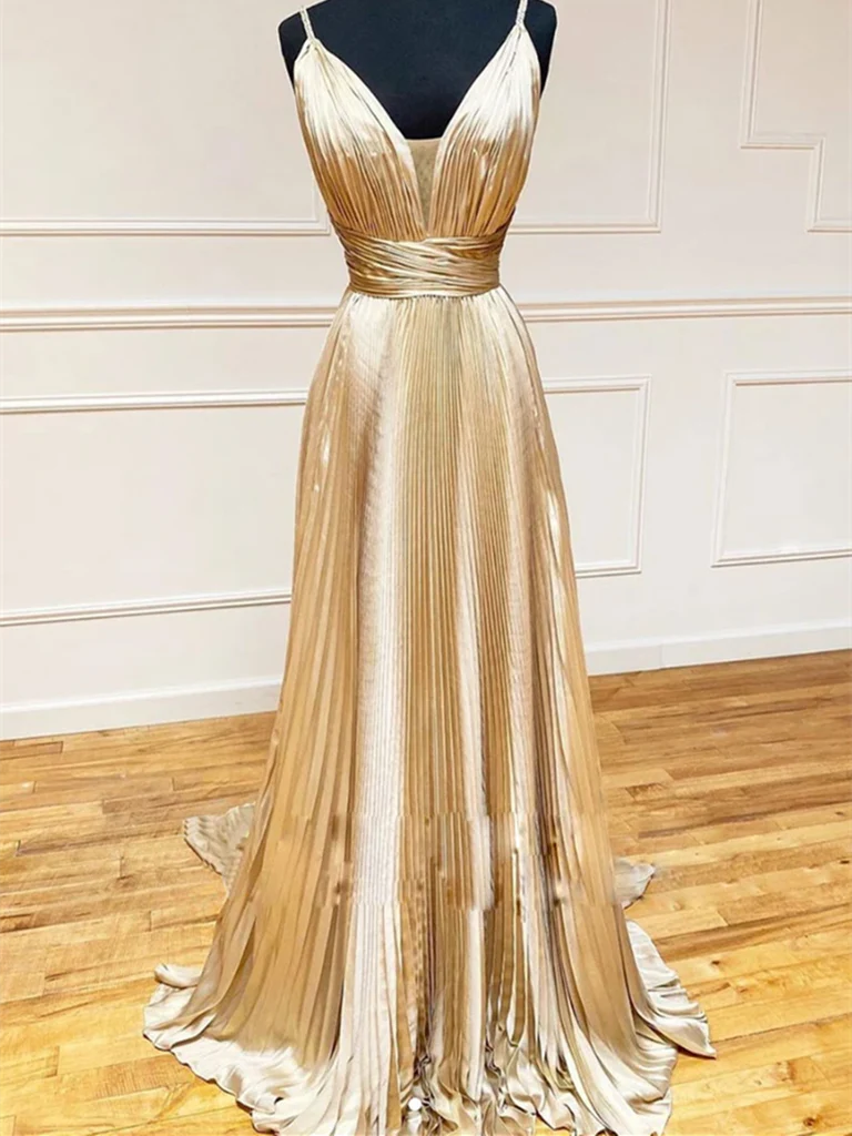 Elegant A-line V-neck satin long formal gown.