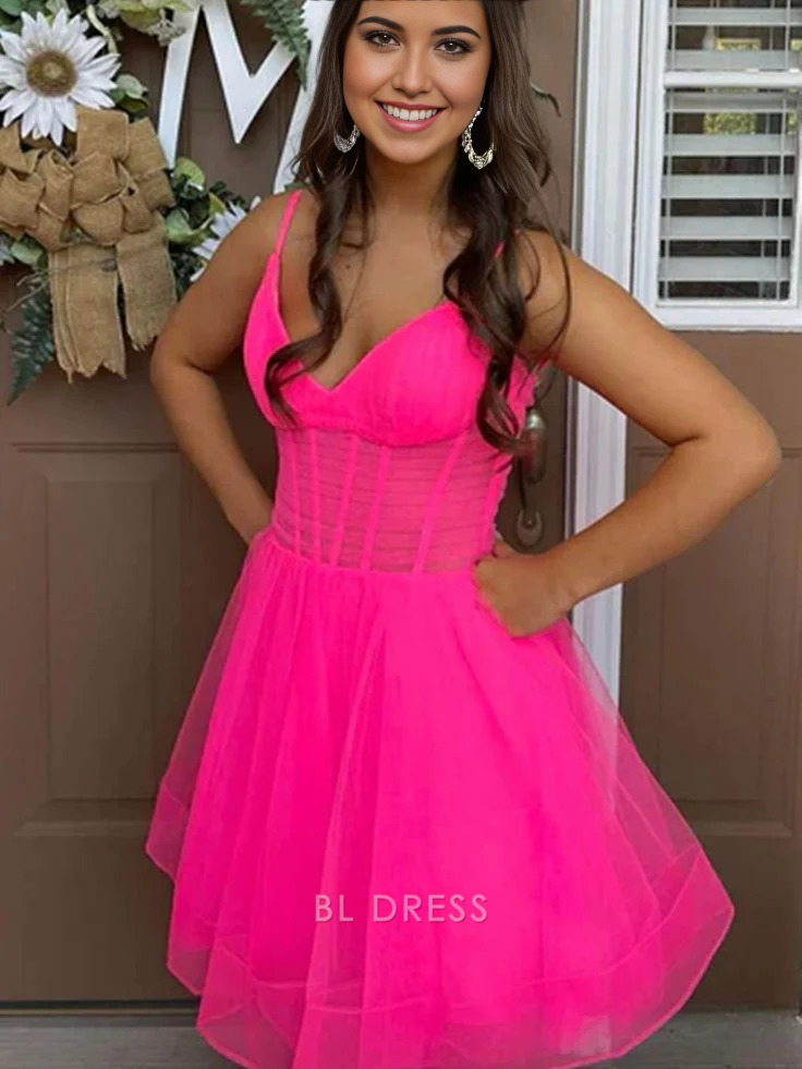 Hot pink A-line V-neck short dress, front view.