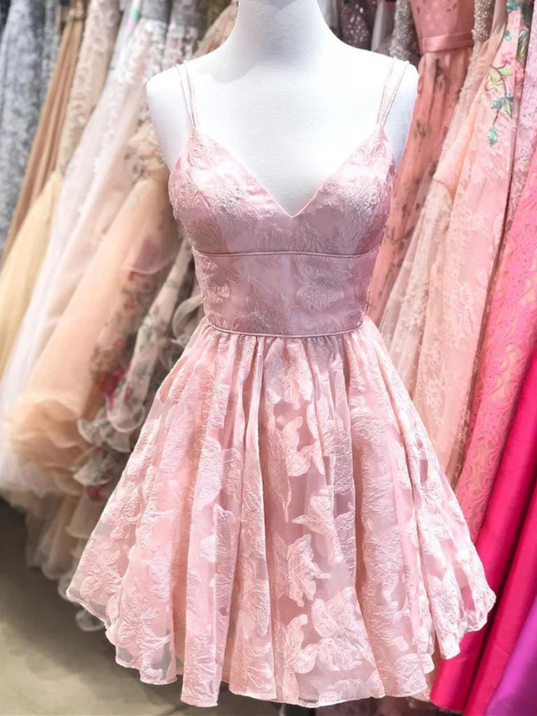 Chic A-line V-neck short dress with lace detail, perfect for prom or homecoming.