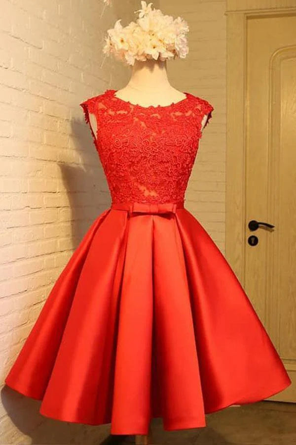 Back view of a short red A-line V-neck homecoming dress.