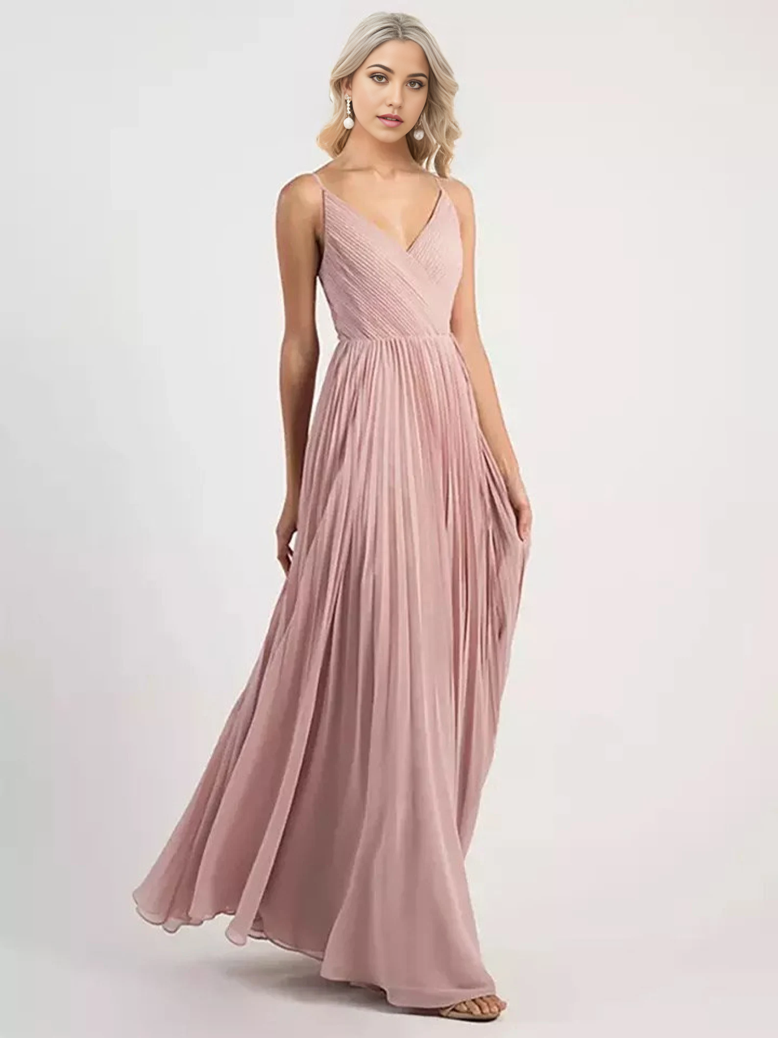 Elegant A-line V-neck spaghetti strap maxi dress in a formal setting.
