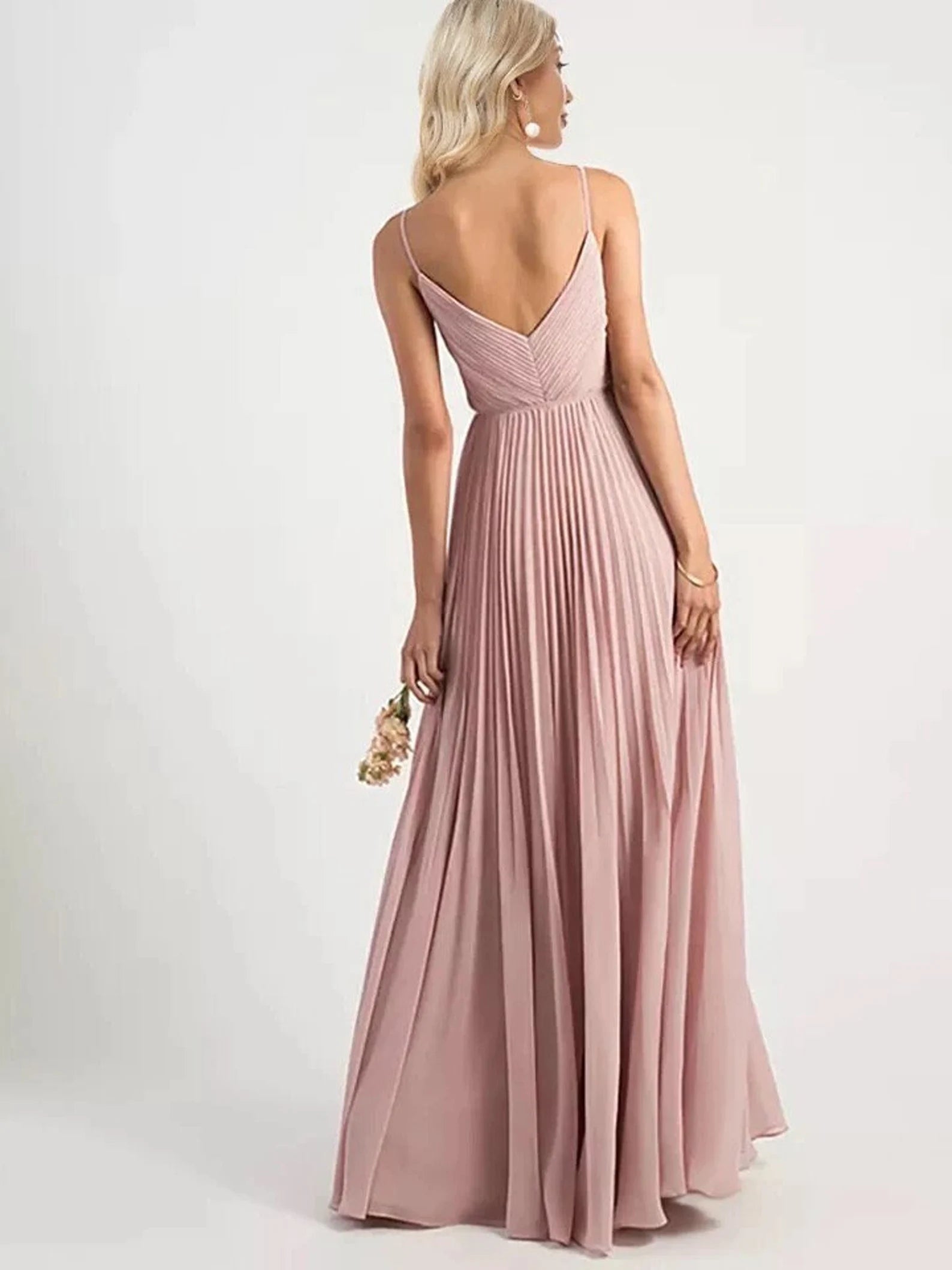Back view of the A-line V-neck spaghetti strap formal dress.