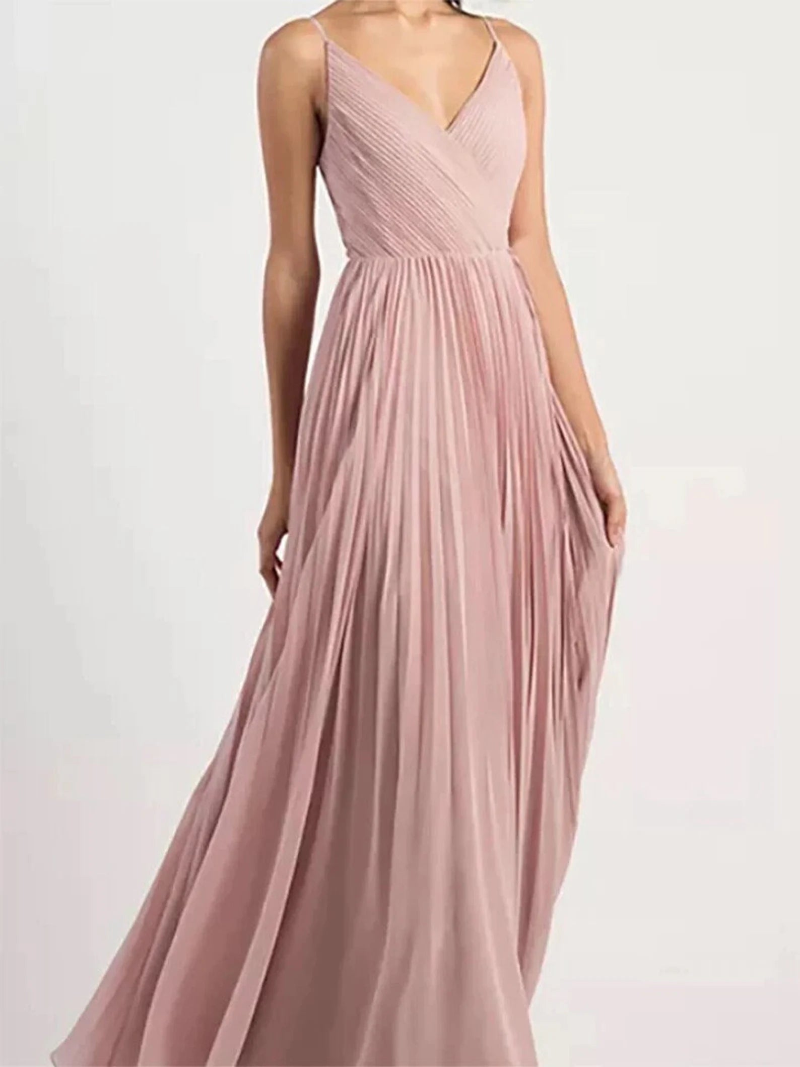 Side view of the A-line V-neck spaghetti strap dress, showcasing its flowy silhouette.