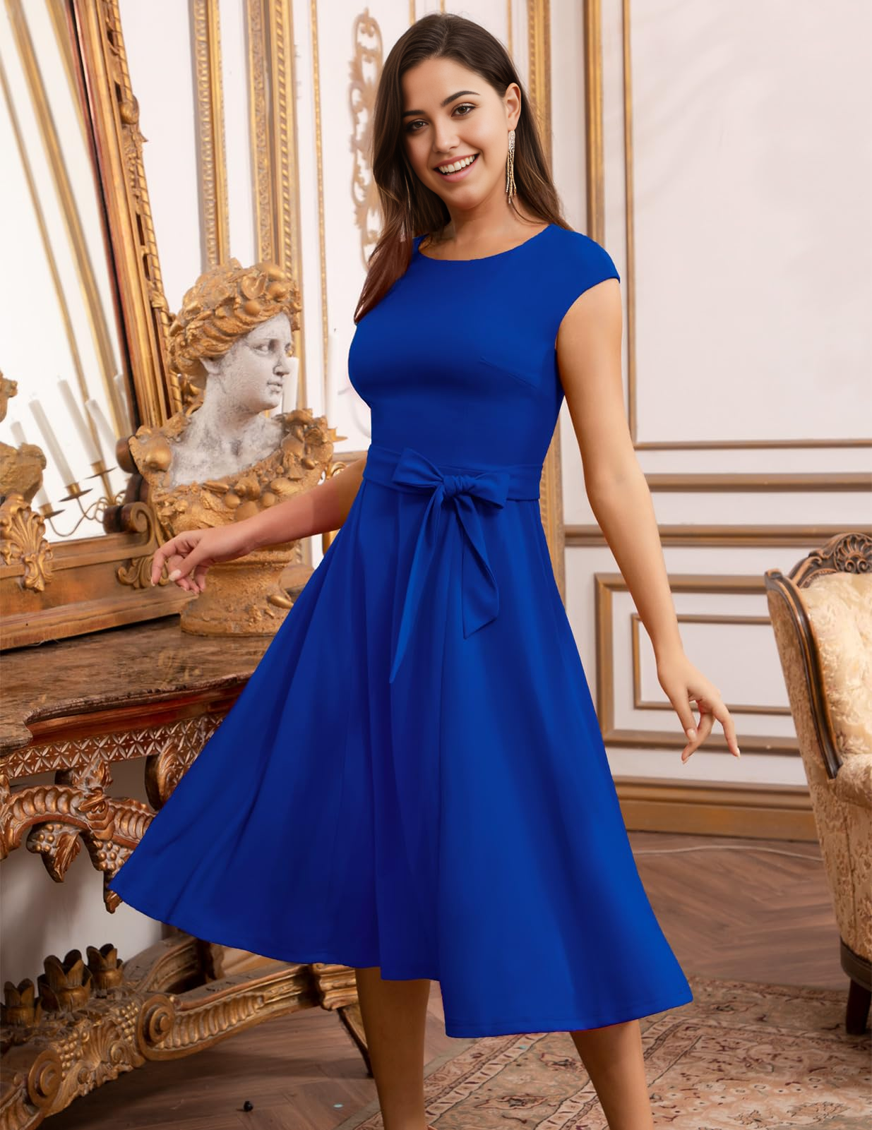 Elegant A-line V-neck tea length formal dress.