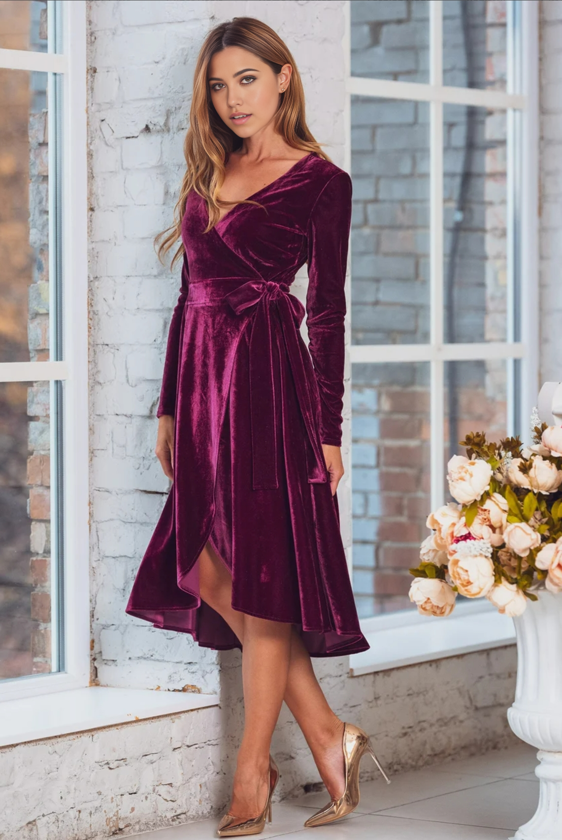 Close-up of the velvet fabric and long sleeves of the formal dress.