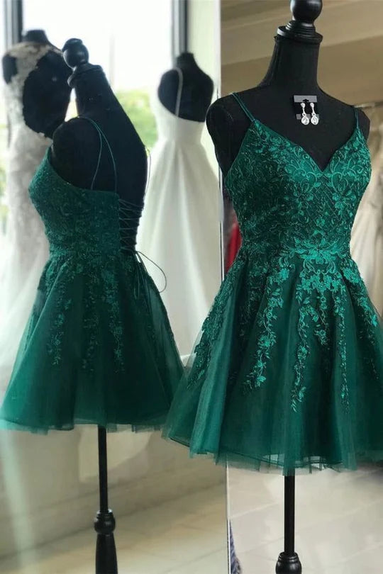 Short A-line V-neck backless dress for prom or homecoming.