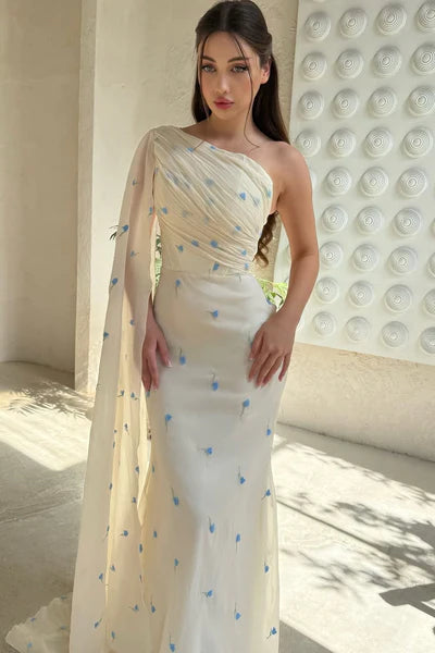 Asymmetrical one-shoulder chiffon mermaid prom dress with ruffles.