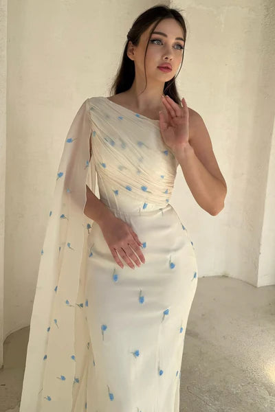 Close-up of the ruffle and chiffon fabric on the prom dress.