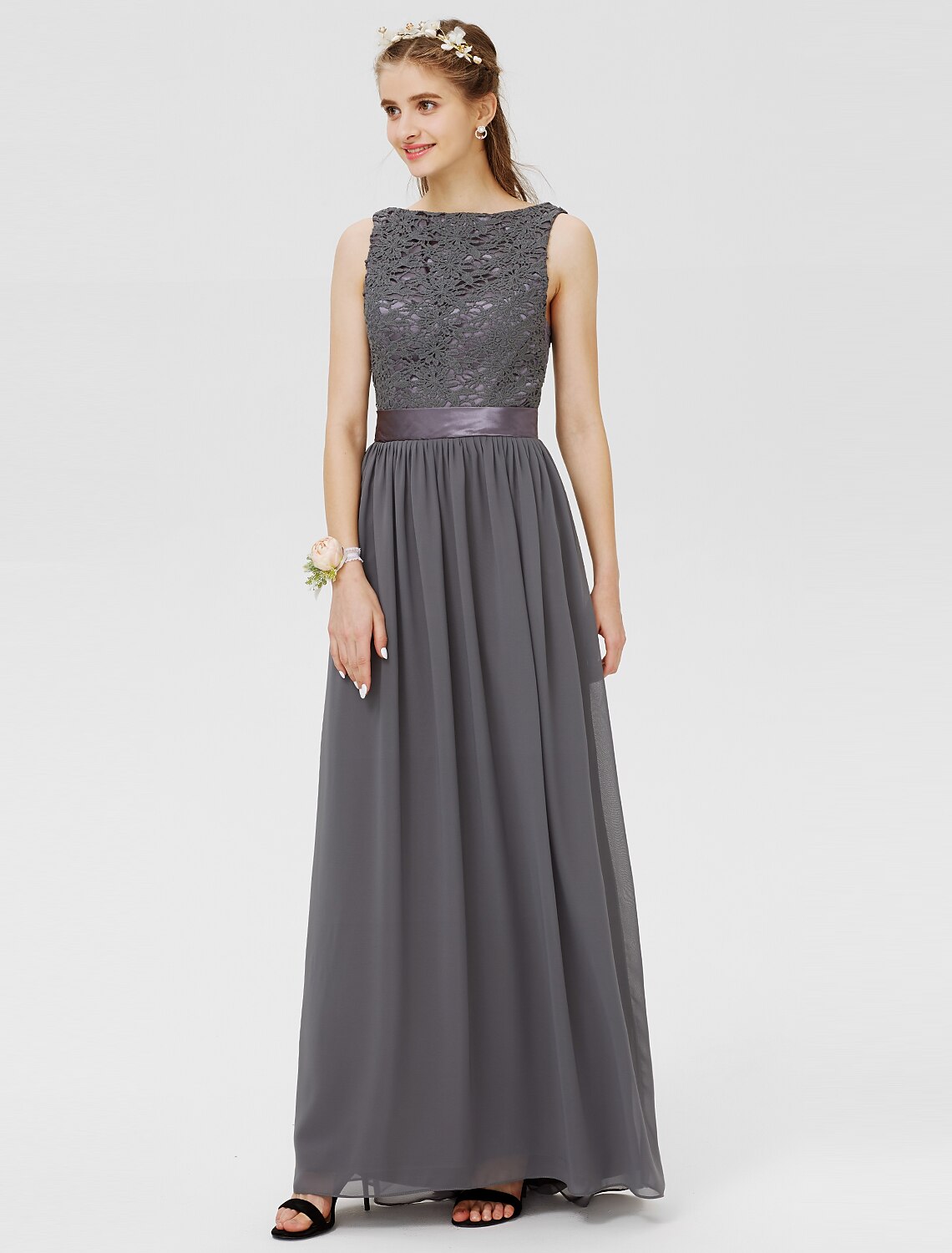 Full view of a chic Bateau Neck Sheath Bridesmaid Dress in chiffon and floral lace.