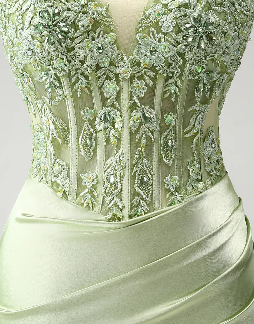 Side view of a green ankle-length sheath dress.