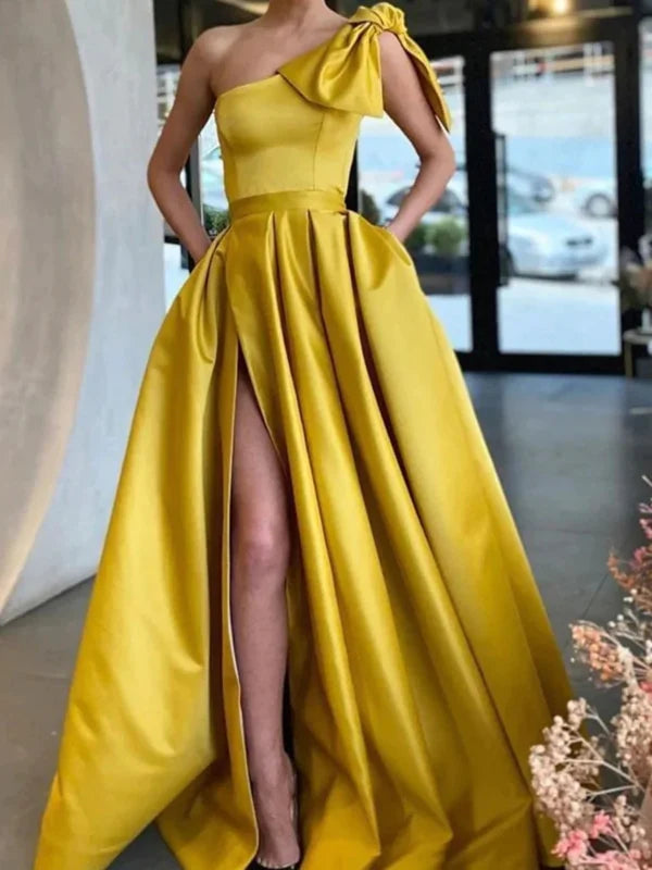 Elegant blue one-shoulder satin long prom dress with a high leg slit.