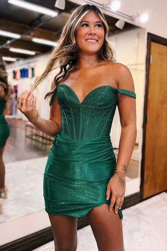 Model wearing a chic off-shoulder satin bodycon homecoming dress.
