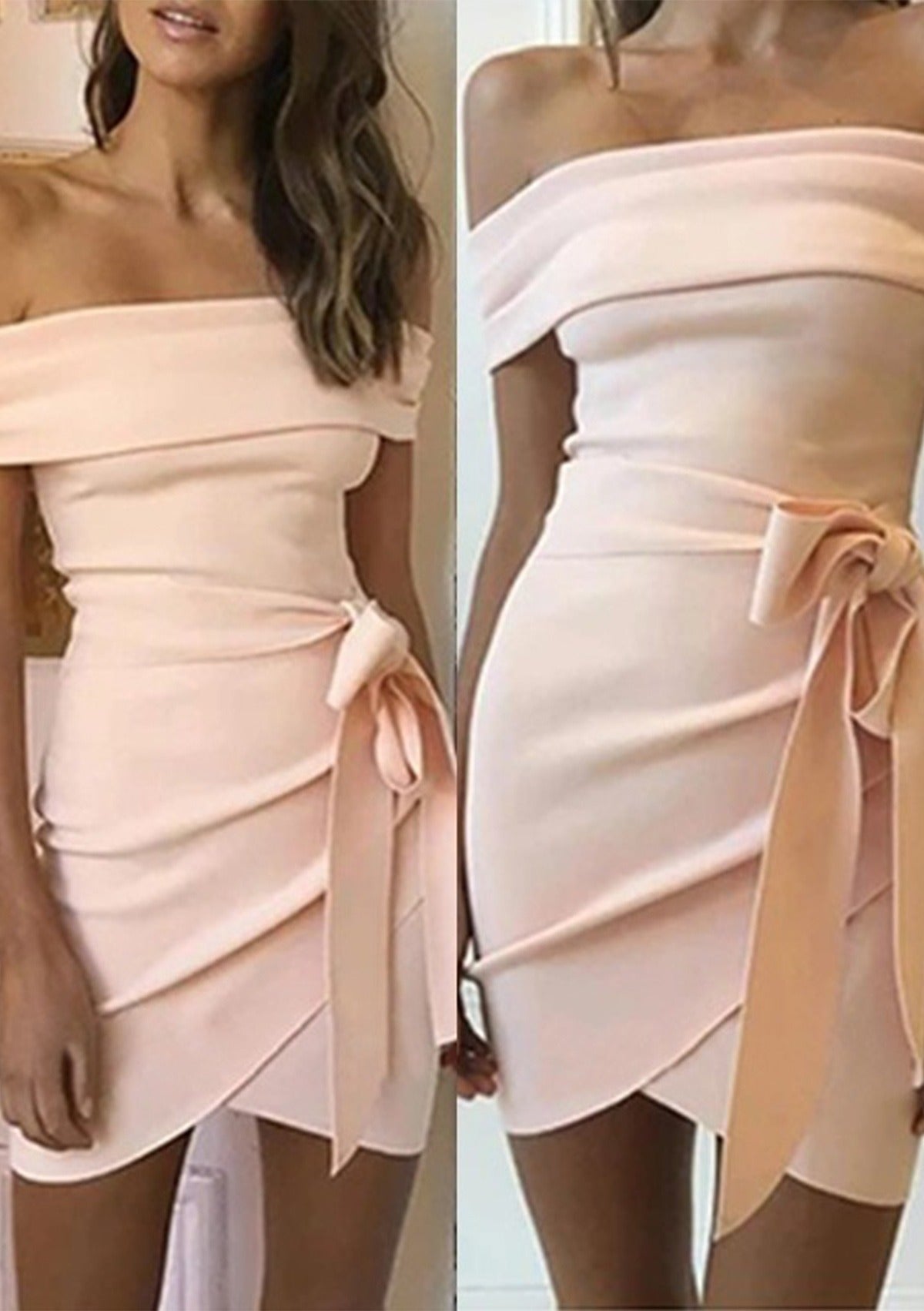 Blush pink short formal dress with off-shoulder neckline and side bow detail.