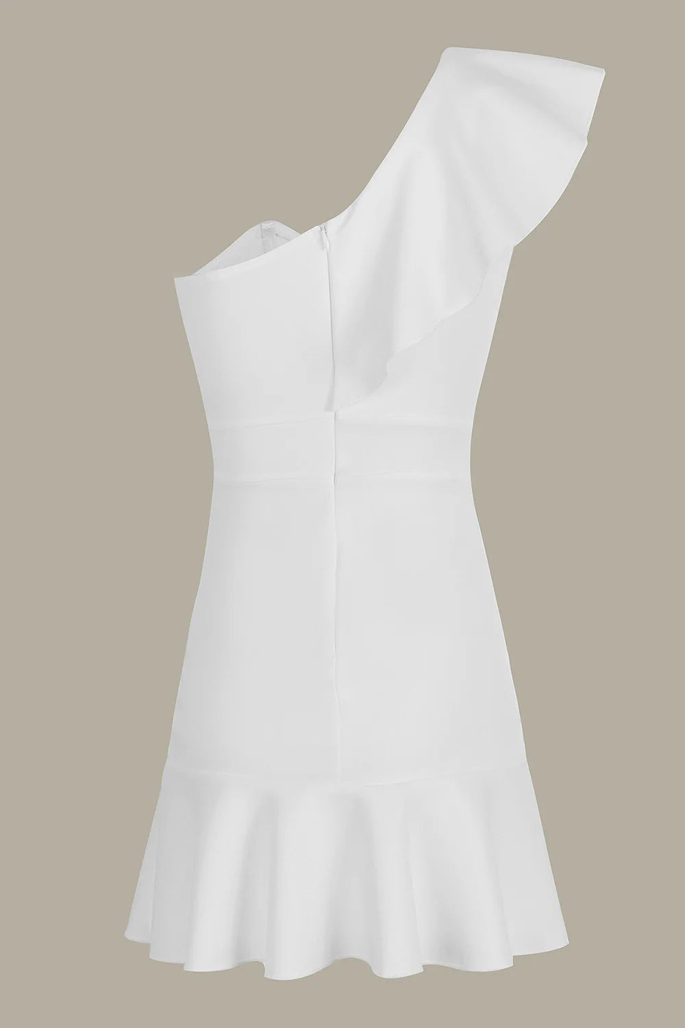 Side view of a model in a black bodycon one-shoulder mini dress with ruffle.