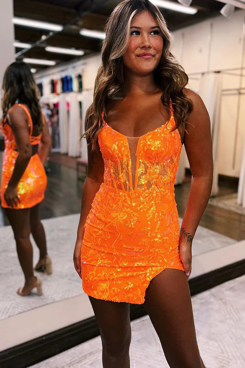 Full length view of the sequin mini dress, highlighting its glamorous design.