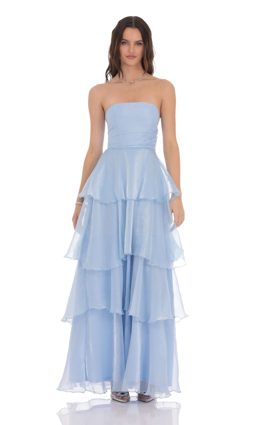 Sky blue corset ruffle strapless maxi dress, front view on a model.