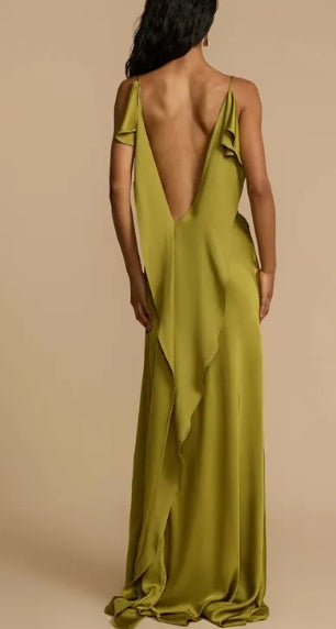 Close-up of the cowl neck and backless design of the party dress.