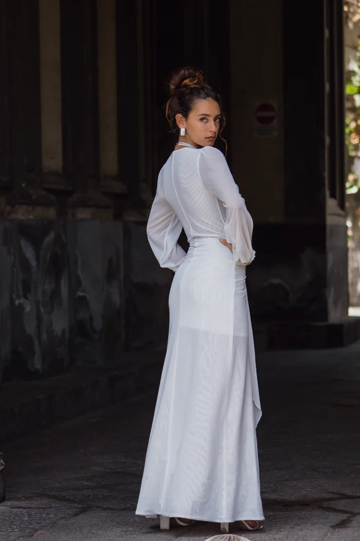 Full length view of the white mesh formal gown with plunge V-neck.