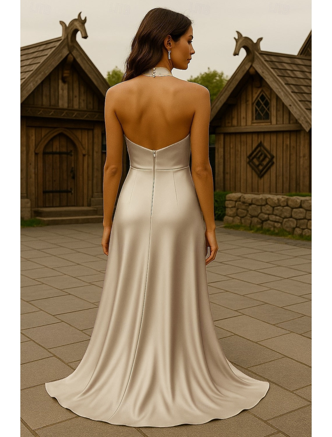 Full view of an elegant gold satin prom dress with a sweep train.
