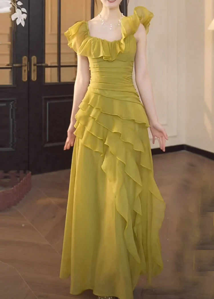 Model wearing a chic green square collar ruffled patchwork chiffon midi dress.