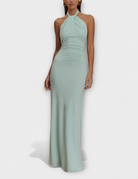 Chic A-line long prom dress with halter neckline and button detail.
