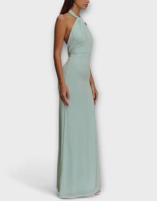 Flowy A-line formal dress with a sophisticated halter top.