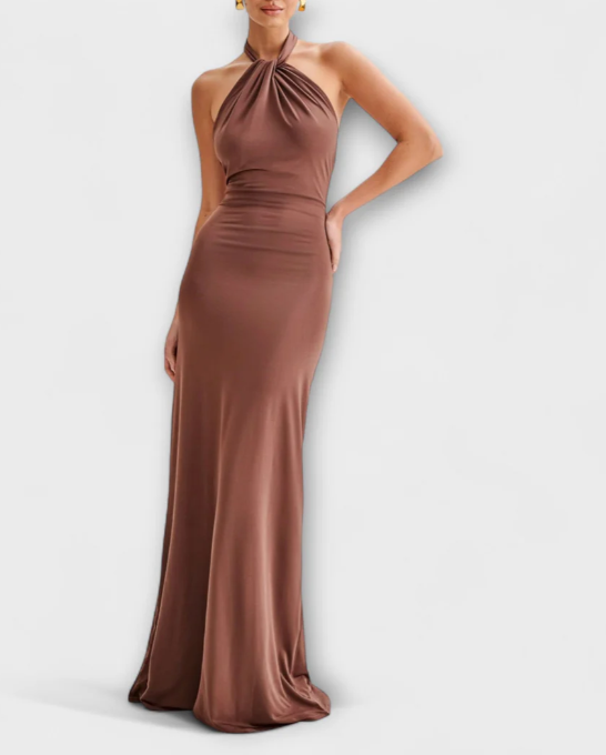 Full length view of the chic halter A-line prom dress.