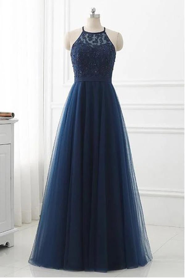 Elegant halter neck tulle lace long prom dress, full length.