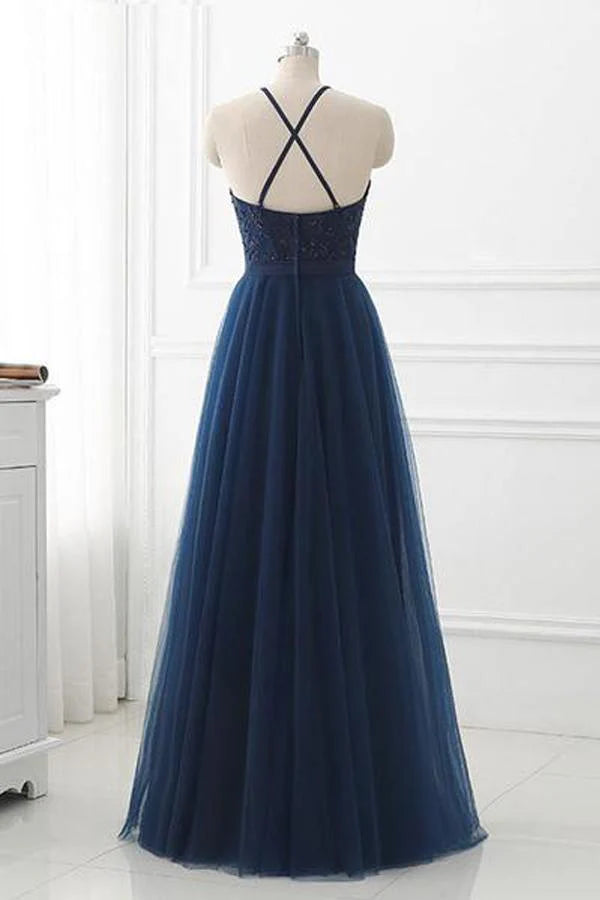 Tulle lace long prom dress with intricate bodice details.