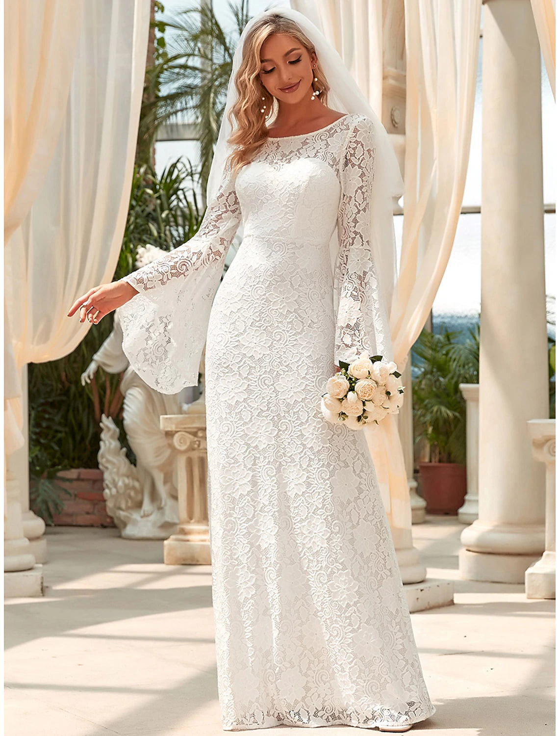 Elegant white lace mermaid wedding dress with long sleeves and jewel neck.