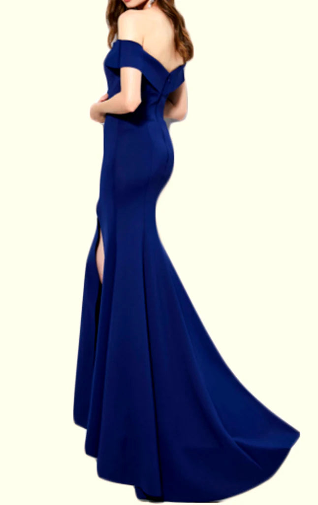 Back view of a woman in a mermaid off-shoulder formal gown.
