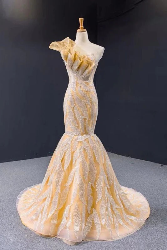 Elegant mermaid one-shoulder gown for formal occasions.