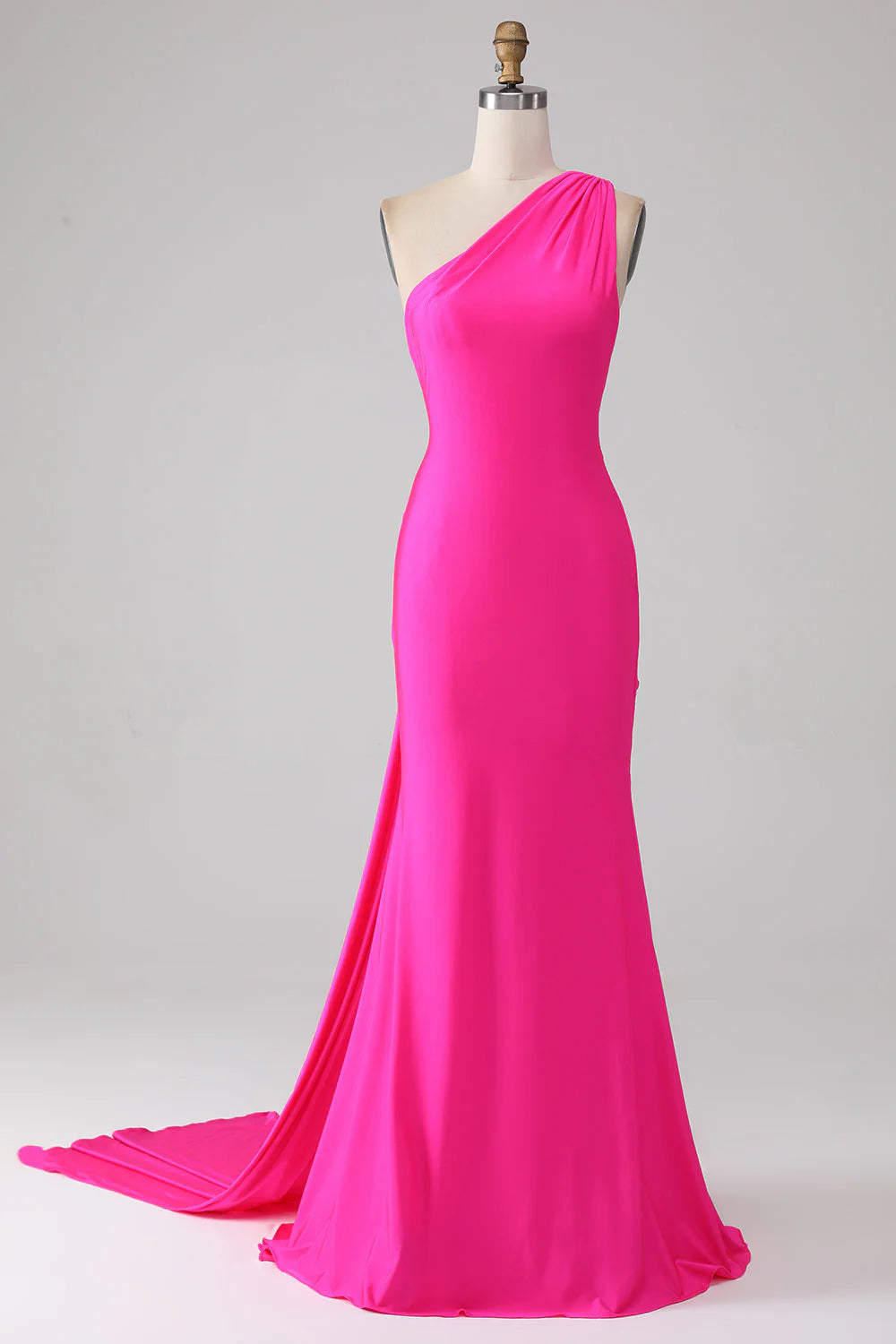 Hot pink mermaid one-shoulder long prom dress.