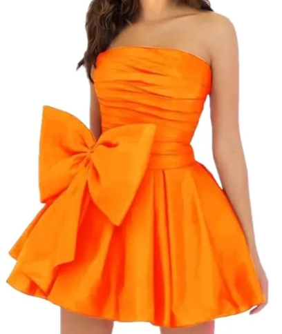 Full length view of the A-line strapless dress, showcasing its short length and design.