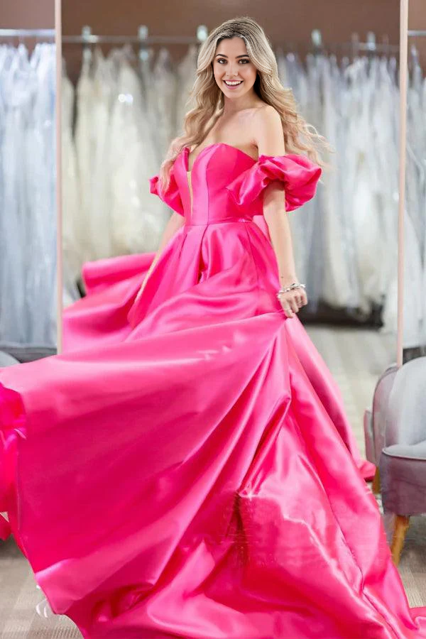 Hot pink off-shoulder A-line prom dress with puff sleeves, front view.