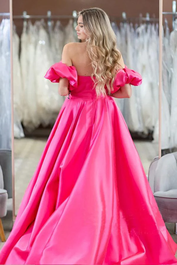 Hot pink off-shoulder A-line prom dress with puff sleeves, side view.