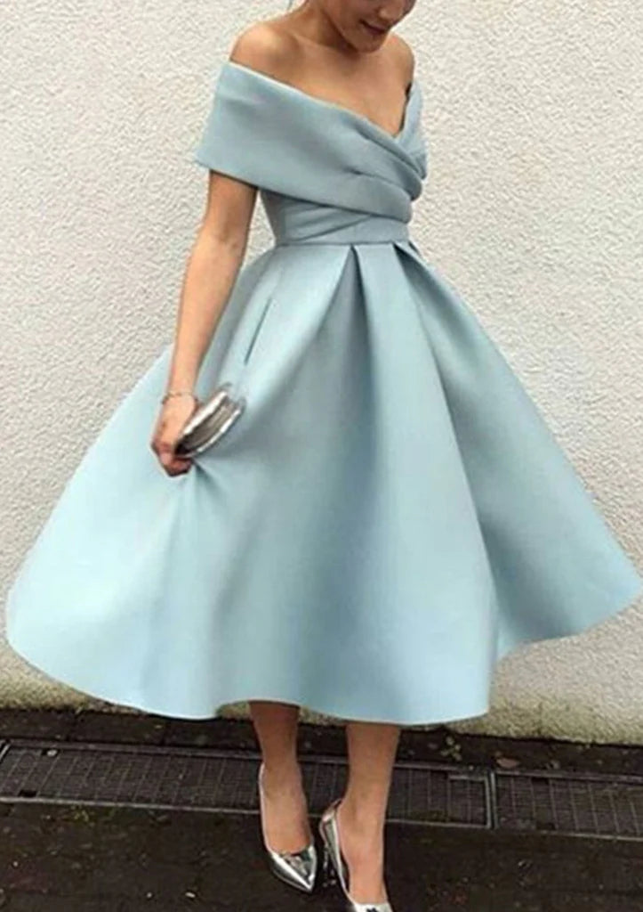 Elegant off-shoulder tea-length pleated homecoming dress.