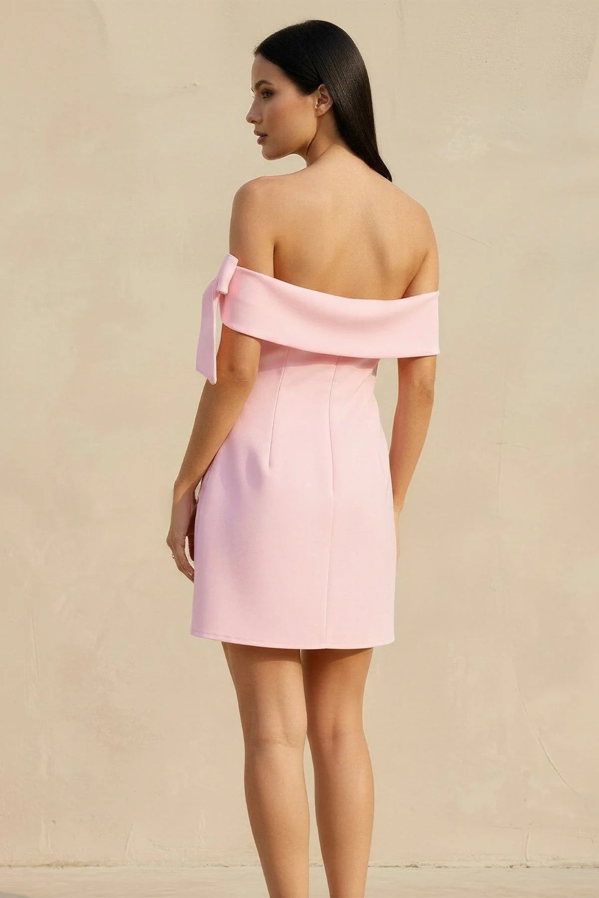 Back view of the off-shoulder bodycon mini dress, highlighting the fitted silhouette.
