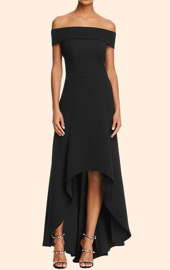 Elegant woman posing in a chic off-shoulder high-low prom dress.