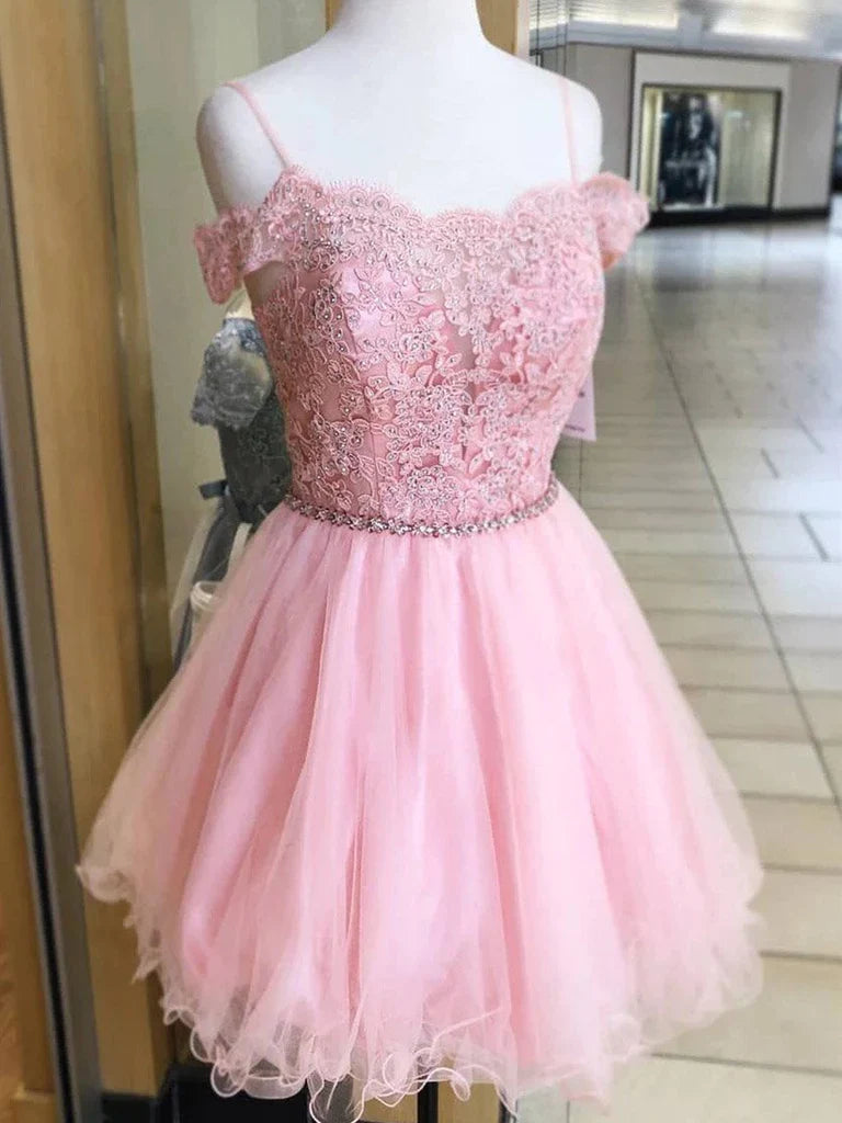 Off-shoulder A-line lace homecoming dress.