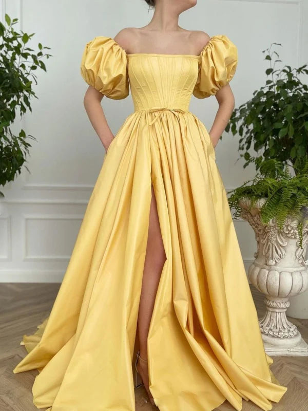 Woman wearing an elegant off-shoulder satin long prom dress with a high slit.