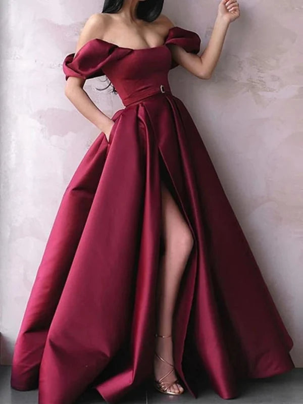 Wine red off-shoulder satin long prom dress with a high slit.