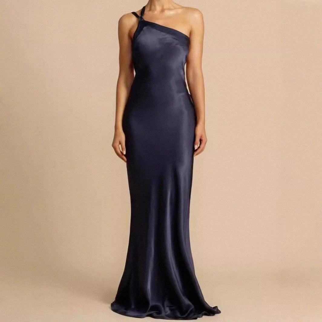 Elegant one-shoulder A-line prom dress.